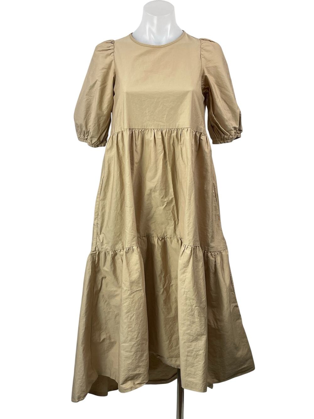 Zara Beige Short Puff Sleeves Tiered Smocked Asymmetric Hem Midi Poplin Dress S